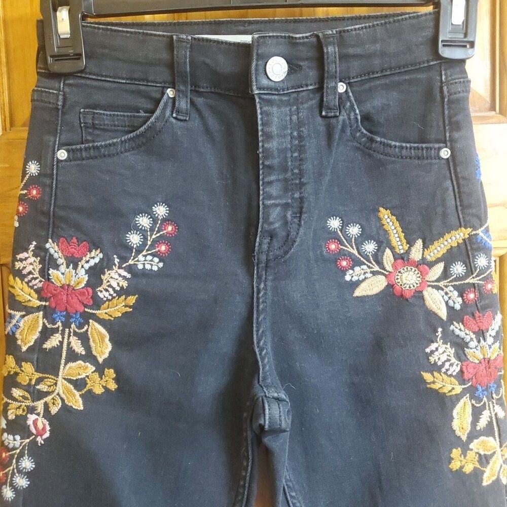 Topshop W26 L30 Jamie Jeans Women Black Floral Embroidered Skinny High Rise Boho